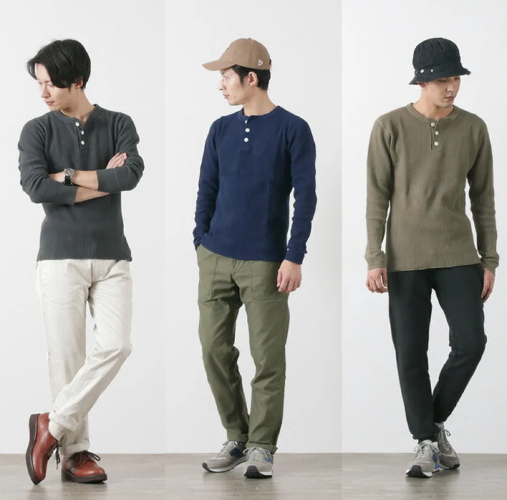 BARNS T-Shirts^/ BR-3051 Big Waffle Henley Neck Long Sleeve Thermal / T-Shirt