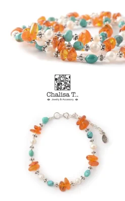 CHALISA T.. Anklets^/ Turquoise Amber Pearl Combi Bracelet silver