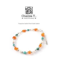 CHALISA T.. Anklets^/ Turquoise Amber Pearl Combi Anklet silver