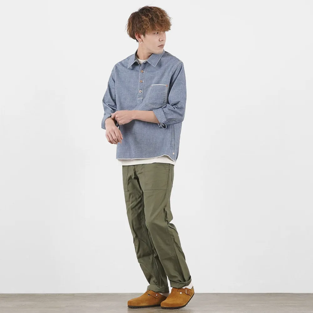 FOB FACTORY Shirts^/ F3487 Chambray pullover shirt blue