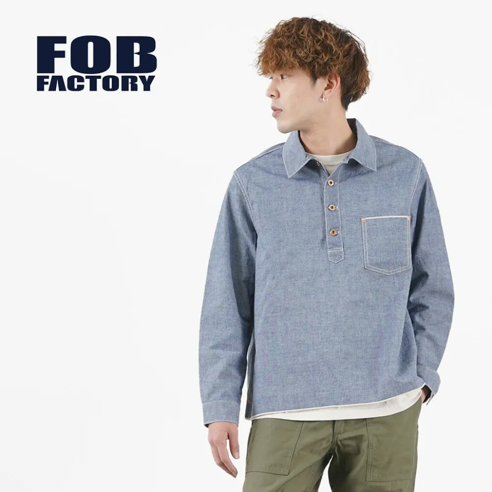 FOB FACTORY Shirts^/ F3487 Chambray pullover shirt blue
