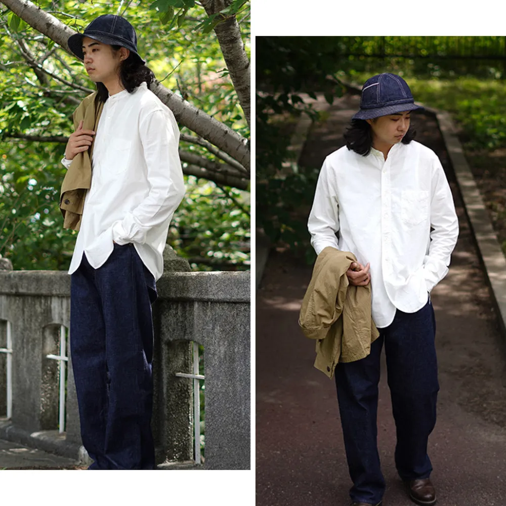 FOB FACTORY Shirts^/ F3429 Long sleeve Ox band collar shirt white
