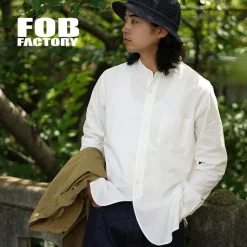 FOB FACTORY Shirts^/ F3429 Long sleeve Ox band collar shirt white