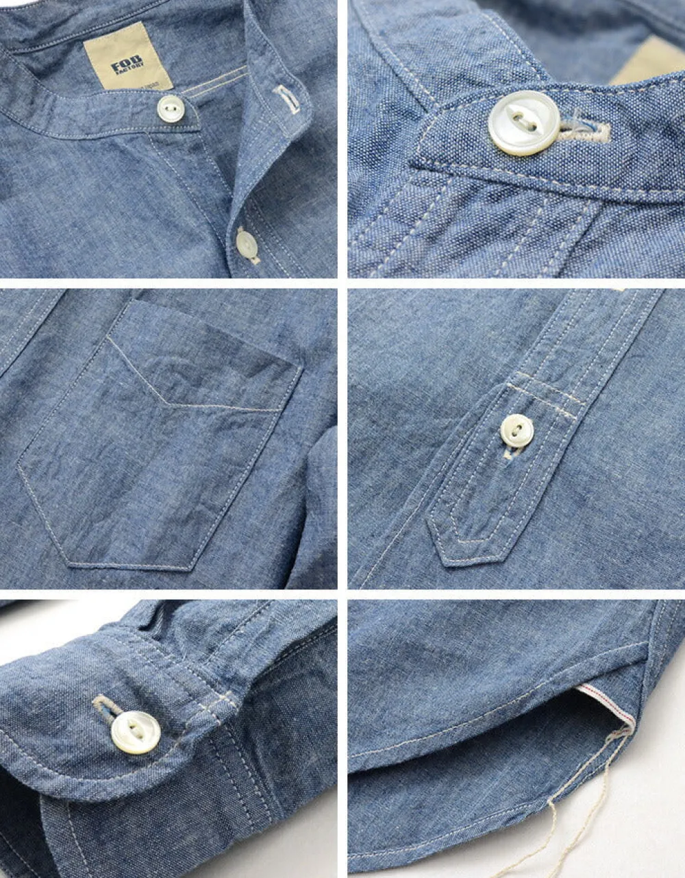 FOB FACTORY Shirts^/ F3428 Selvage chambray band collar shirt/long sleeves blue