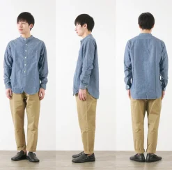 FOB FACTORY Shirts^/ F3428 Selvage chambray band collar shirt/long sleeves blue
