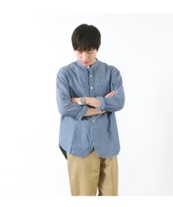 FOB FACTORY Shirts^/ F3428 Selvage chambray band collar shirt/long sleeves blue