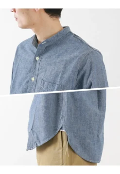 FOB FACTORY Shirts^/ F3428 Selvage chambray band collar shirt/long sleeves blue