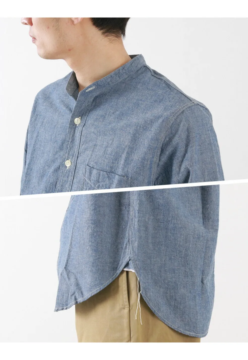 FOB FACTORY Shirts^/ F3428 Selvage chambray band collar shirt/long sleeves blue