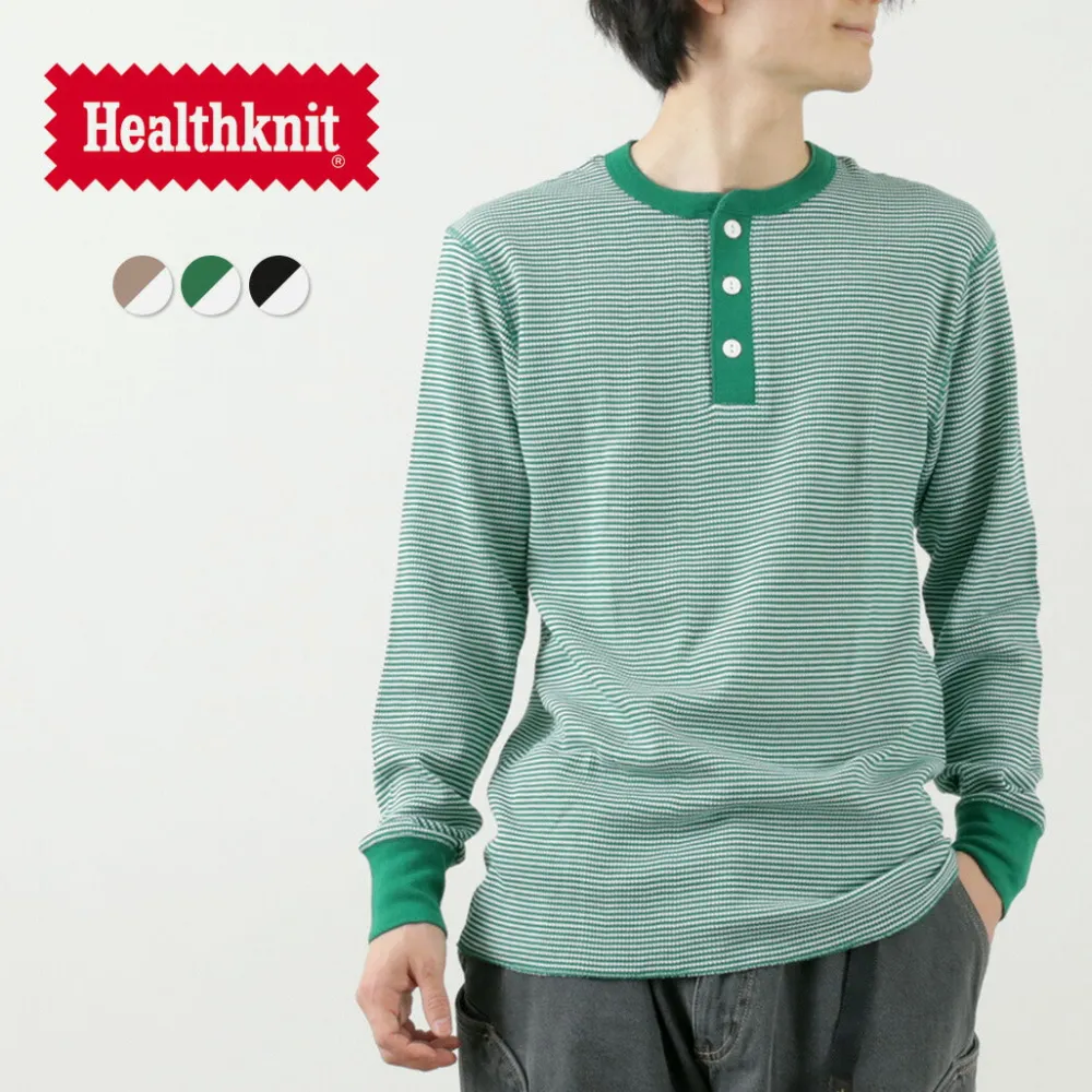 HEALTHKNIT T-Shirts^/ Basic Waffle Henley Neck Long Sleeve