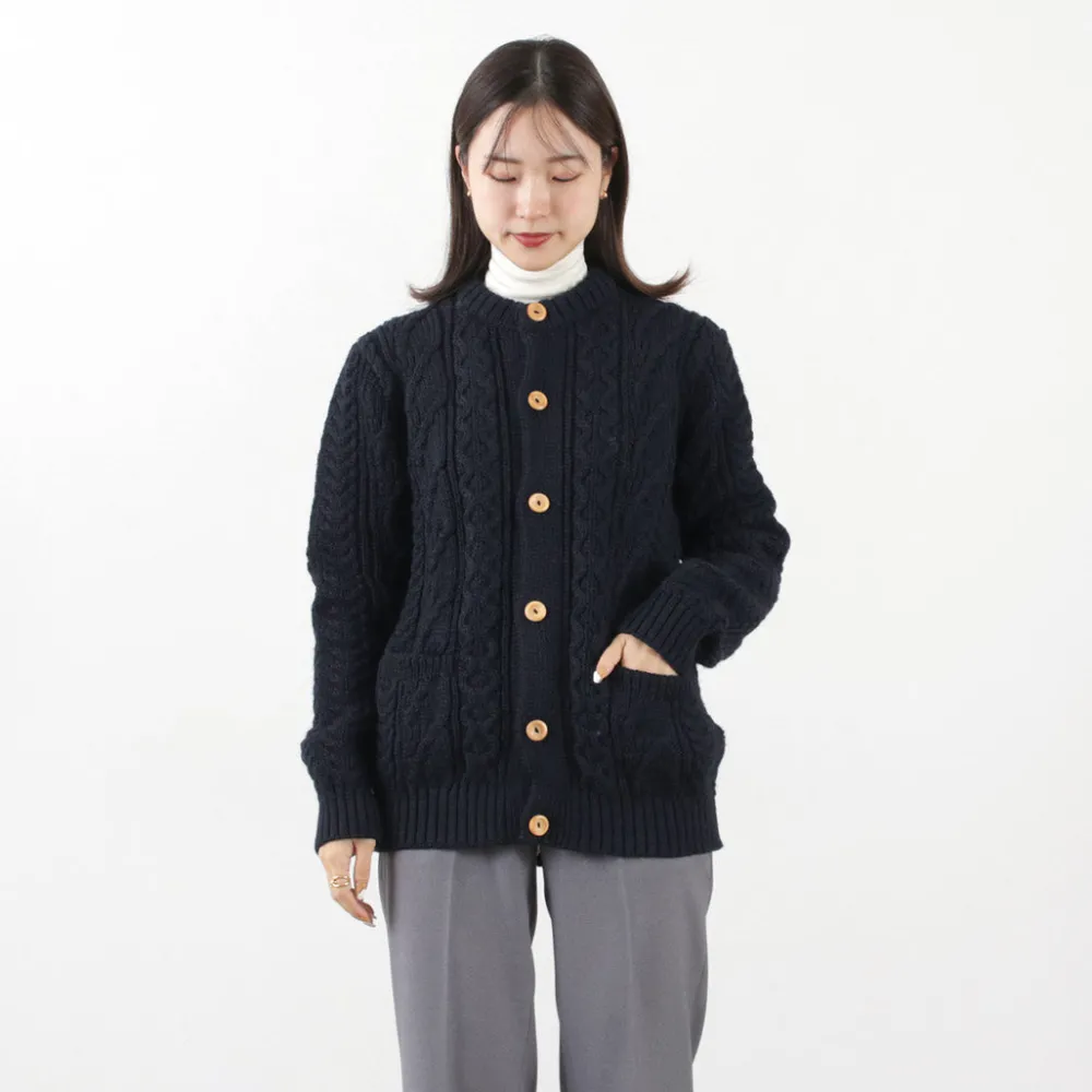 KERRY WOOLLEN MILLS Knits^/ 5 Gauge 3 Ply Aran Cable Collarless Cardigan