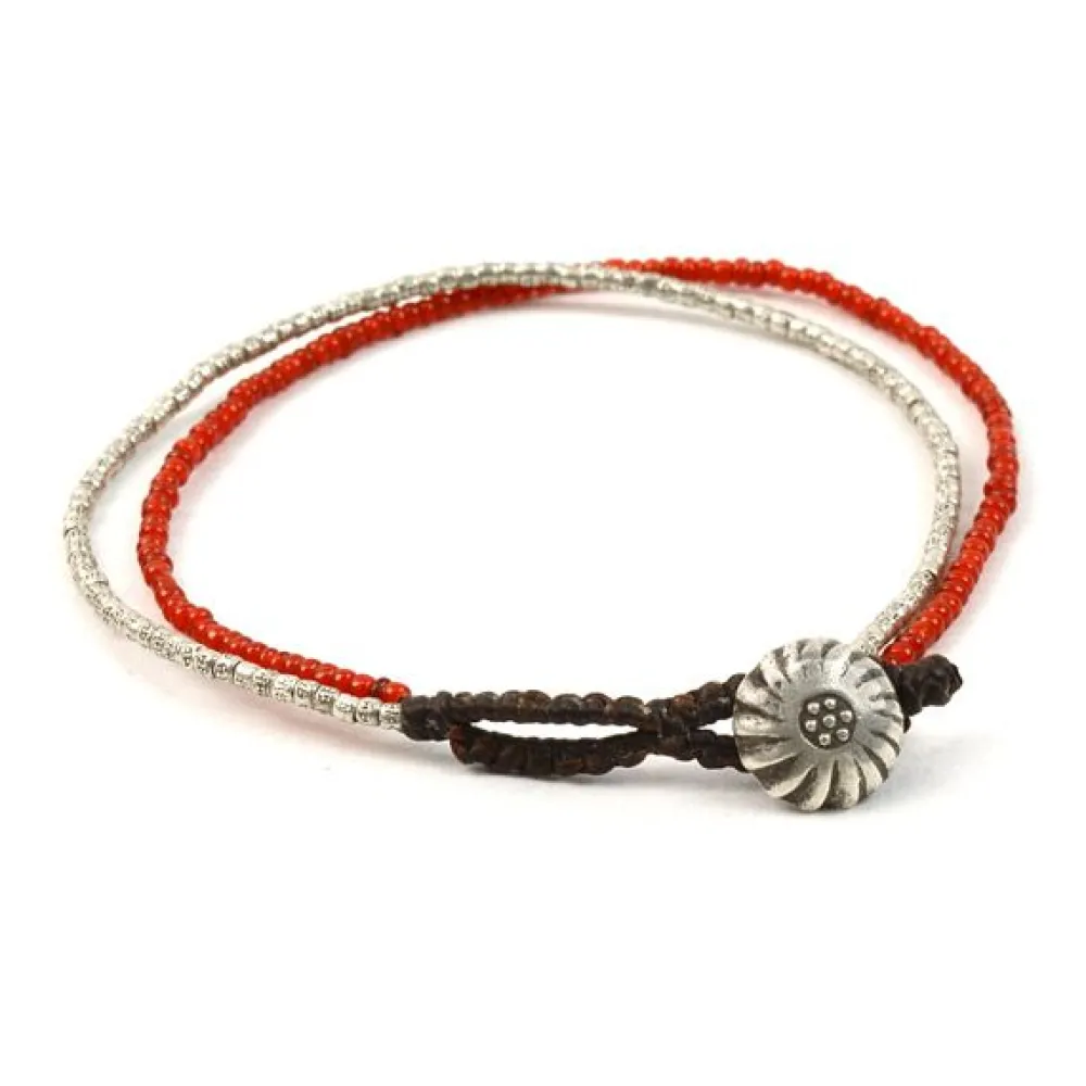 PHADUA Anklets^/ Karen Silver Beads White Heart Double Cord Anklet red