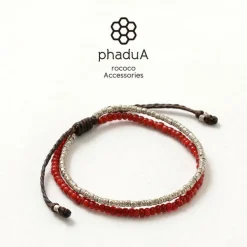 PHADUA Bracelets^/ Two strands waxed cord bracelet (white heart/silver) red