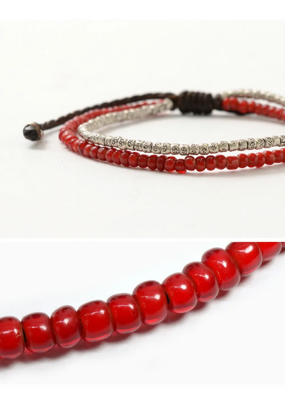 PHADUA Bracelets^/ Two strands waxed cord bracelet (white heart/silver) red