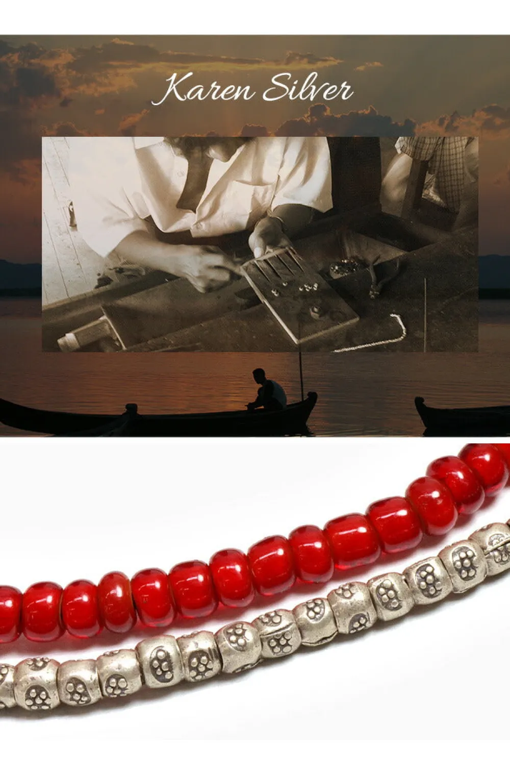 PHADUA Bracelets^/ Two strands waxed cord bracelet (white heart/silver) red