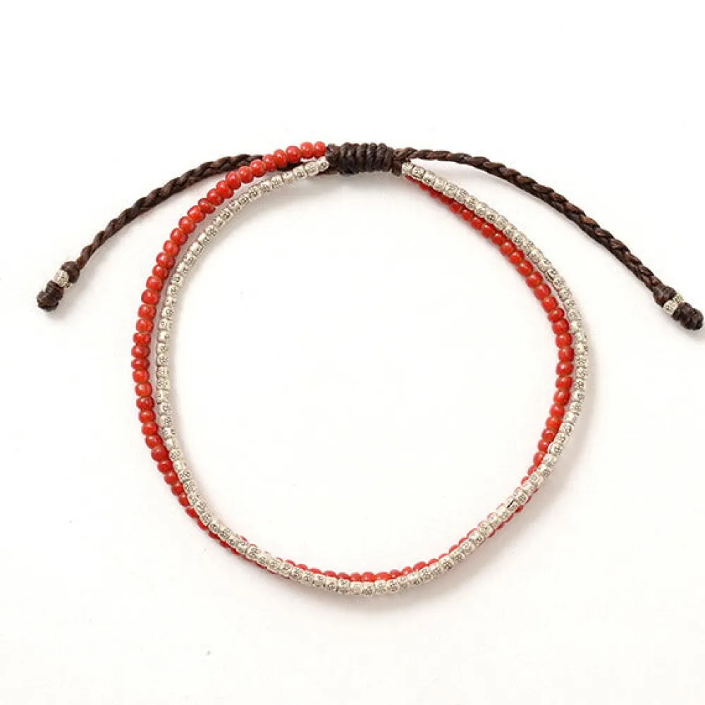 PHADUA Anklets^/ Two strands waxed cord anklet (white heart/silver) red