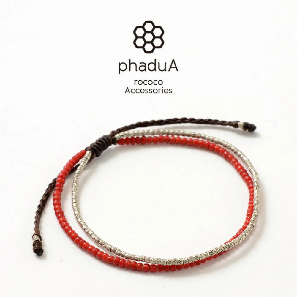 PHADUA Anklets^/ Two strands waxed cord anklet (white heart/silver) red