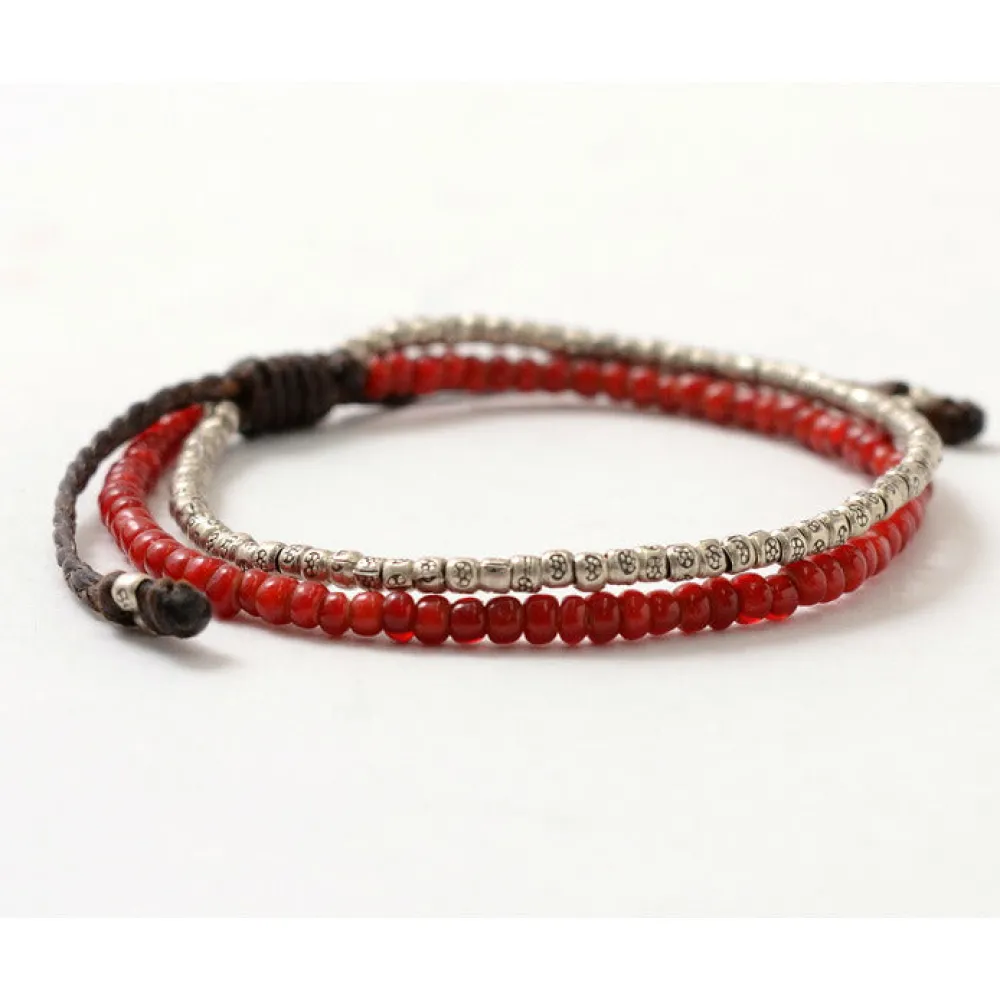 PHADUA Anklets^/ Two strands waxed cord anklet (white heart/silver) red
