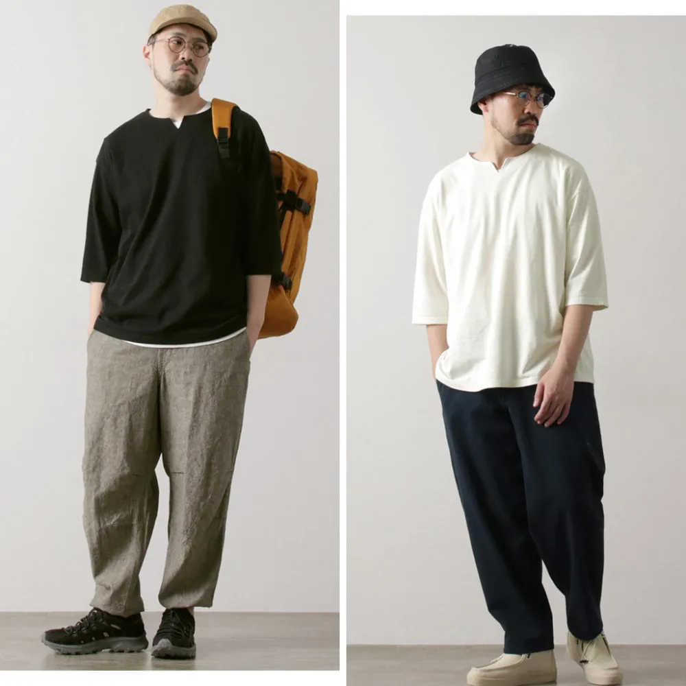 ROCOCO T-Shirts^/ Linen Cotton Key Neck T-Shirt