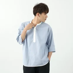 ROCOCO T-Shirts^/ Woven seersucker henley neck T-shirt