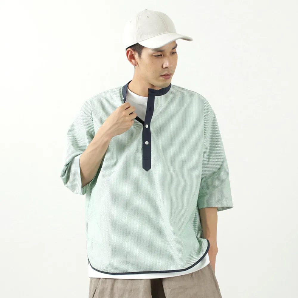 ROCOCO T-Shirts^/ Woven seersucker henley neck T-shirt