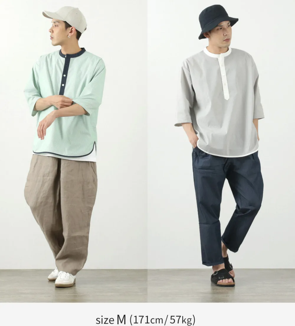 ROCOCO T-Shirts^/ Woven seersucker henley neck T-shirt
