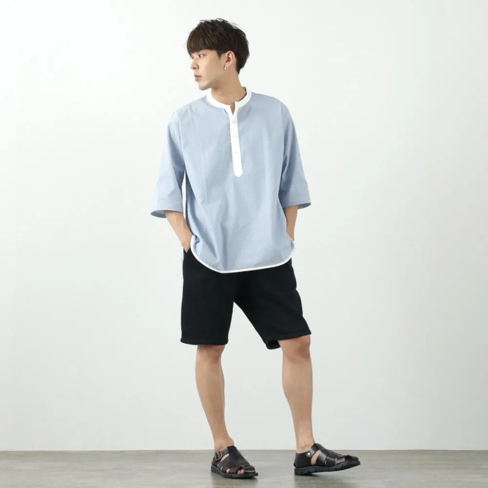 ROCOCO T-Shirts^/ Woven seersucker henley neck T-shirt
