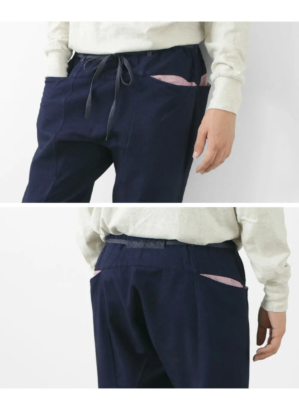 SLOW HANDS Trousers^/ Denim Stretch Pile Wandering Pants navy