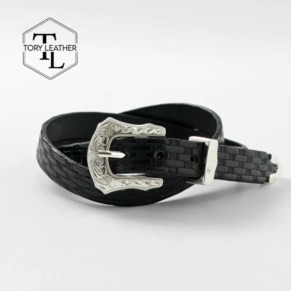 TORY LEATHER Belts^/ 3/4 inch Western Belt Basket Weave black
